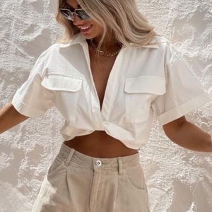 Zara Stretch Linen Blend Crop Shirt Collared V-neck Pockets in ECRU